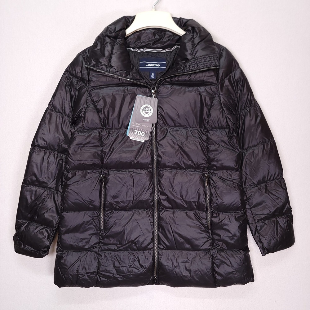 Lands End Womens Black 700 Fill Down Puffer Jacket Titanium M 10-12 New